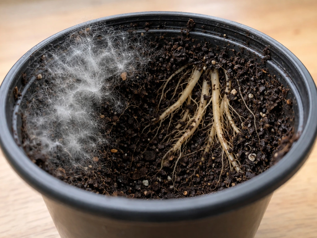 Close-up of a plant pot showing white fuzzy mold on container wall with a healthy root section beside it.