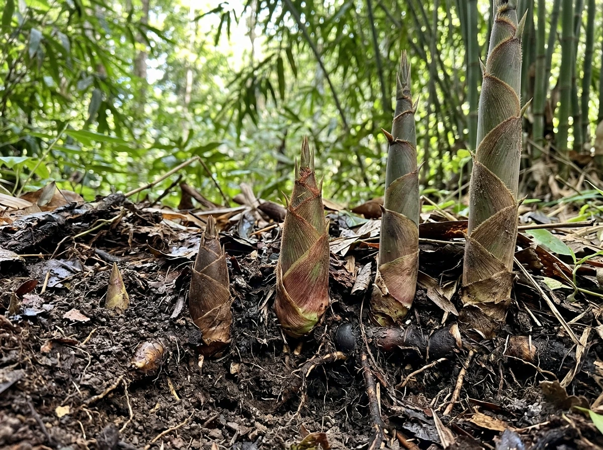 Bamboo shoots emerging at the soil surface in different stages of growth.