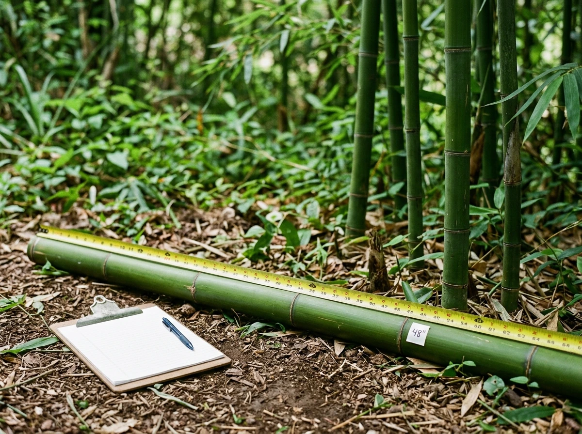 Measuring bamboo culm height with a tape/ruler to track growth.