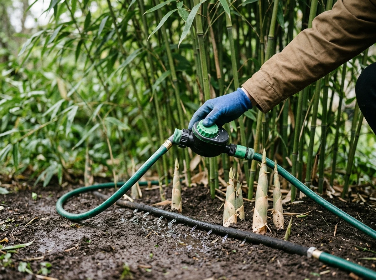 Soaker hose watering bamboo at the base with moist soil near emerging shoots.