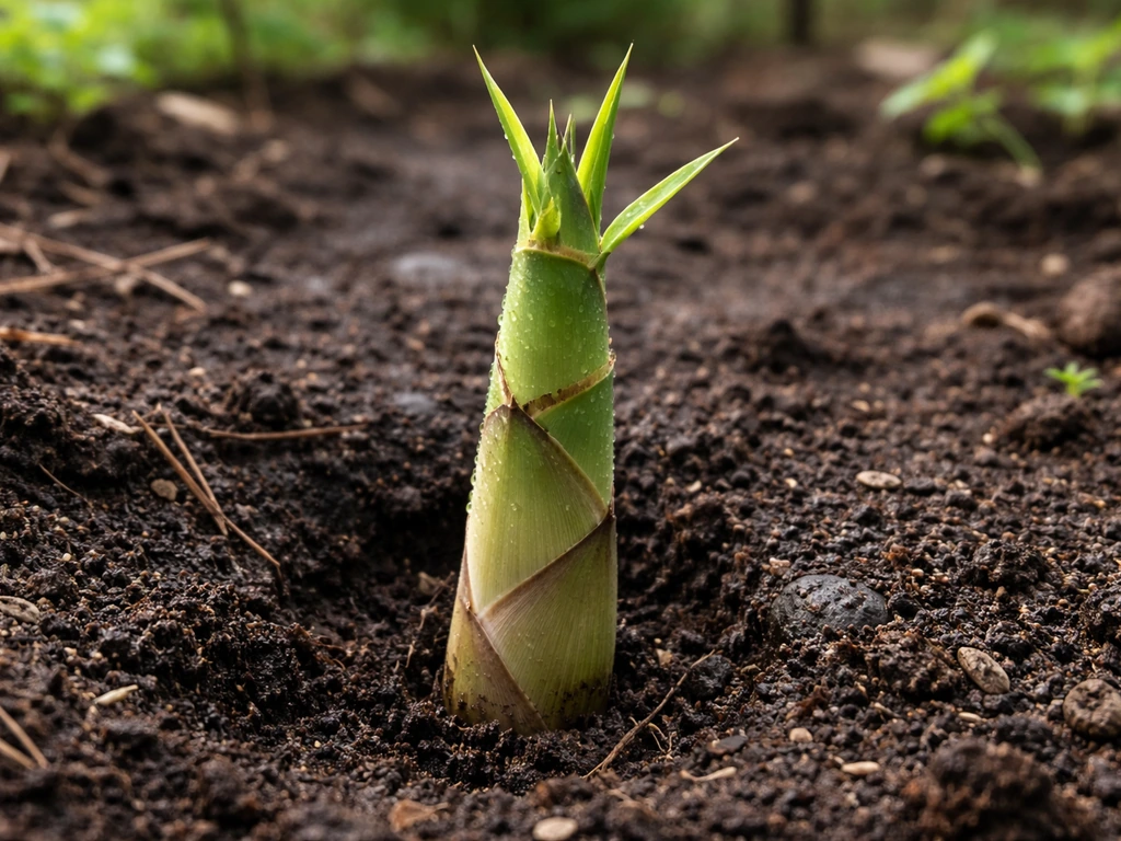 Fresh bamboo shoots emerging from soil with visible growth above ground in soft natural light.