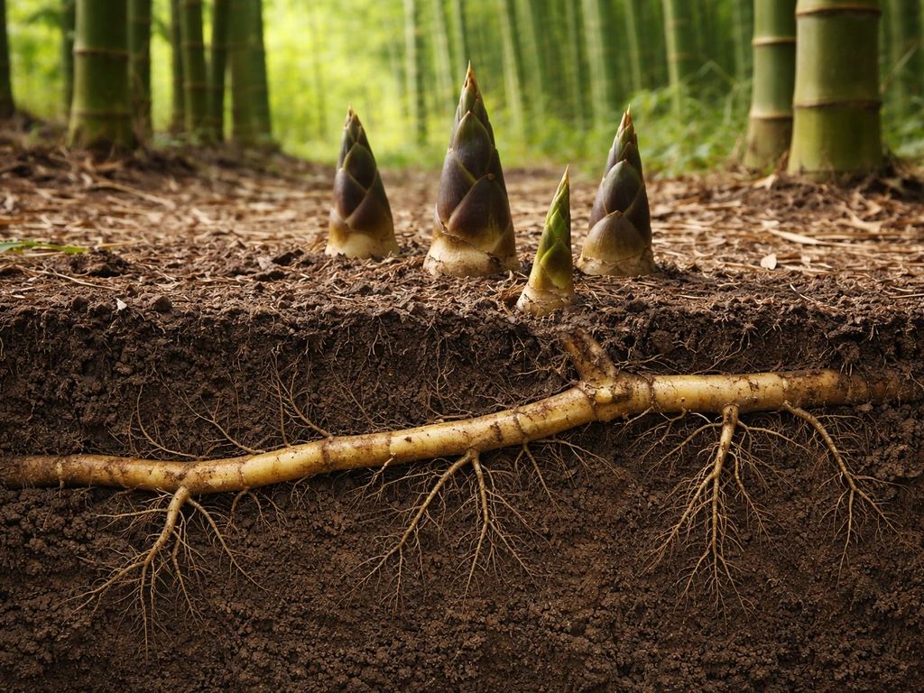 Photoreal cutaway of bamboo showing underground rhizomes and above-ground shoots emerging from soil