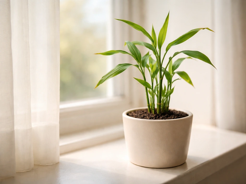 Small potted bamboo by a bright indoor window with softly lit leaves and minimal background.