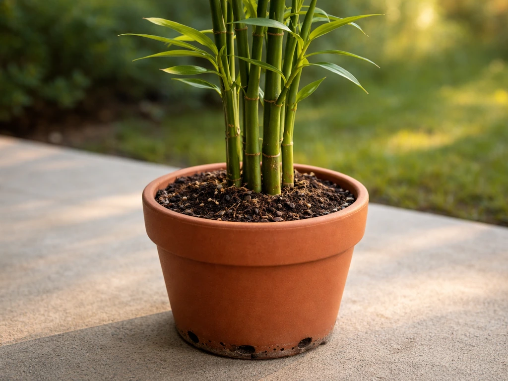 Healthy bamboo in a terracotta pot showing moist topsoil and drainage holes for good airflow.