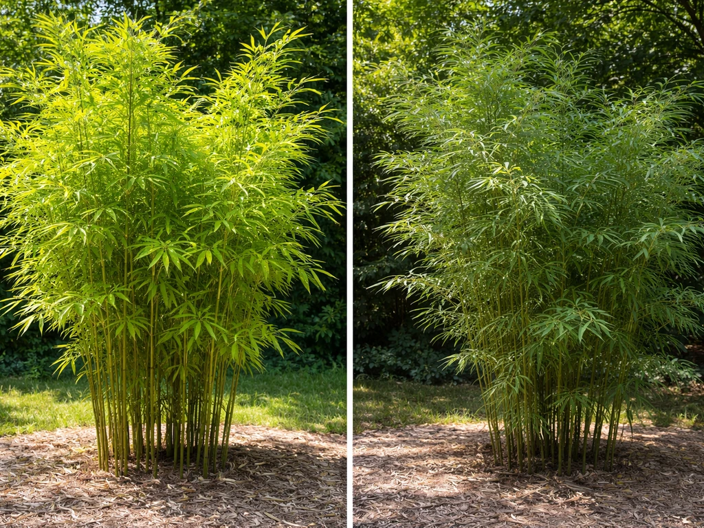 Side-by-side bamboo in full sun versus shade, showing thicker healthier growth in direct light.