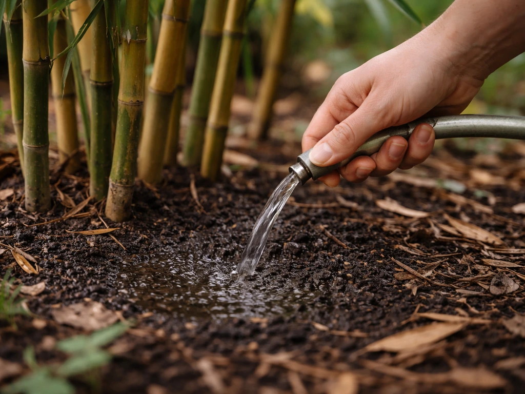 Hand watering bamboo bed, soil surface visibly wet but not pooling, in warm daylight.