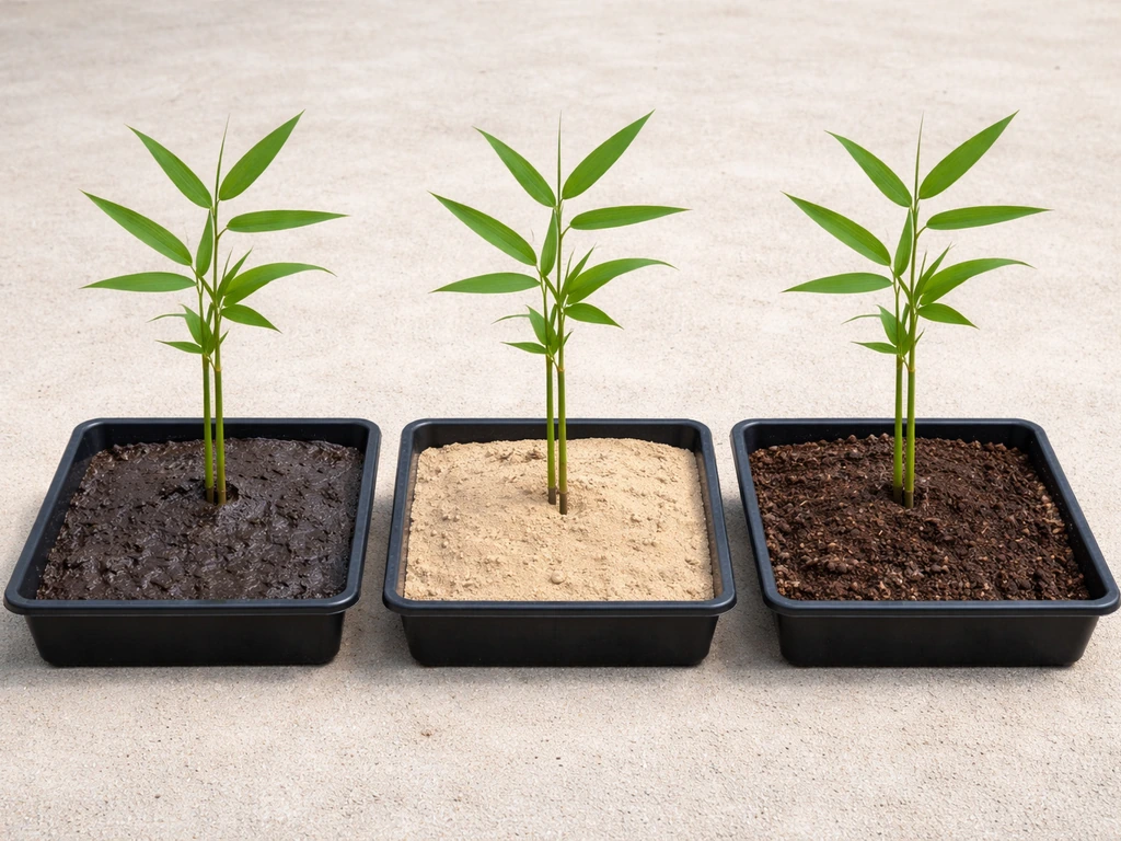 Three identical bamboo saplings growing side-by-side on mud, sand, and dirt, same growth stage.