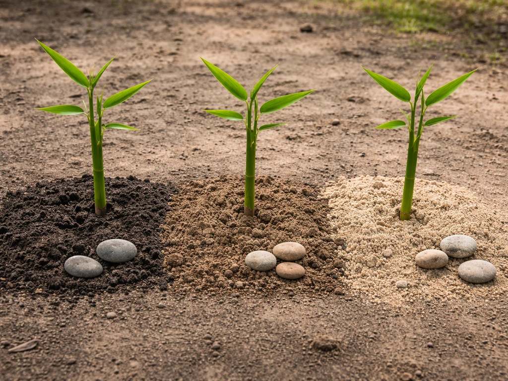 Three identical bamboo saplings planted in adjacent mud, dirt, and sand patches with small stones as markers