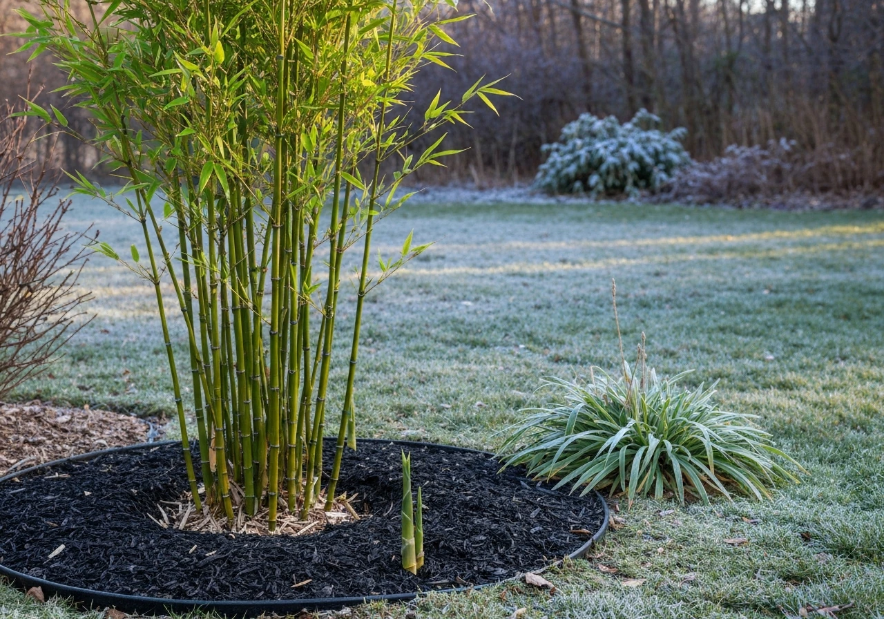 Hardy bamboo clump in an Ohio backyard garden with cool winter/early spring thaw and new shoots