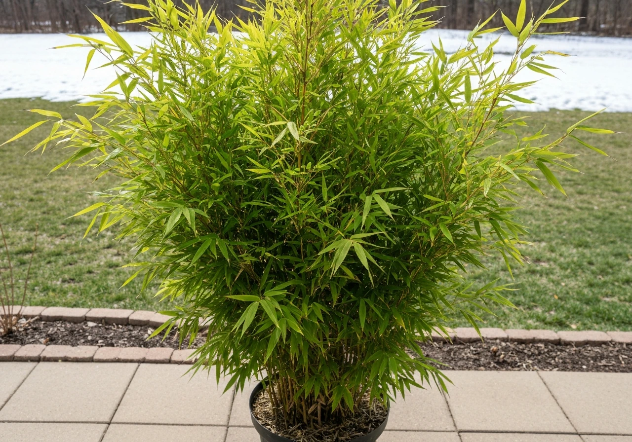 Minimal photo of a bamboo plant in front of a simple snowy-to-spring Ohio landscape backdrop.