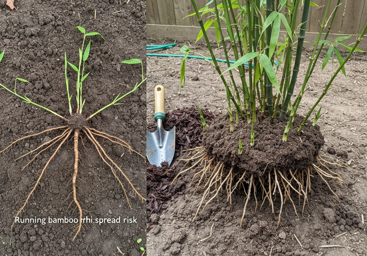 Side-by-side garden soil showing running bamboo rhizomes spreading versus clumping bamboo staying compact.