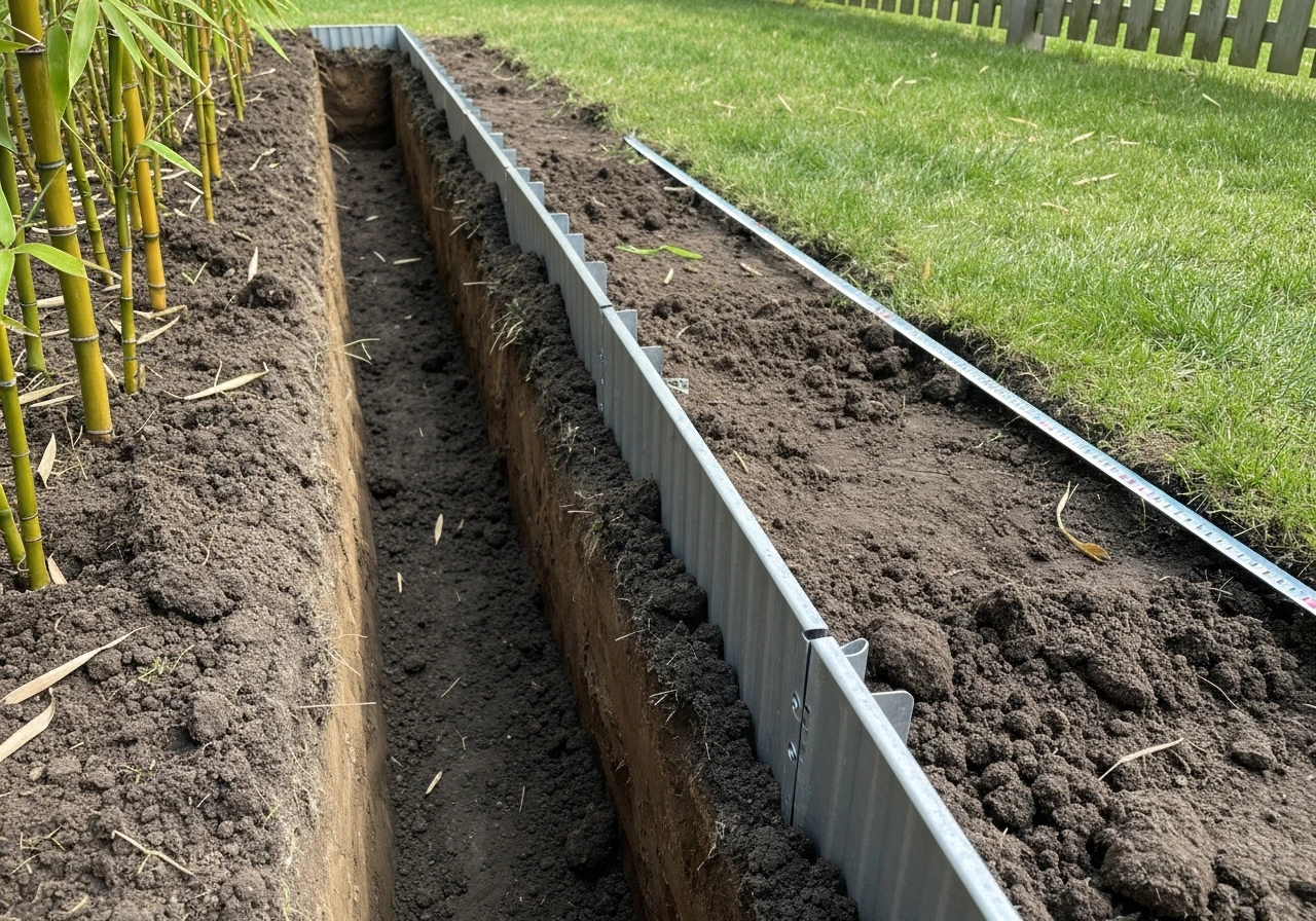 Trench around running bamboo with a rhizome barrier installed, showing proper deep containment.