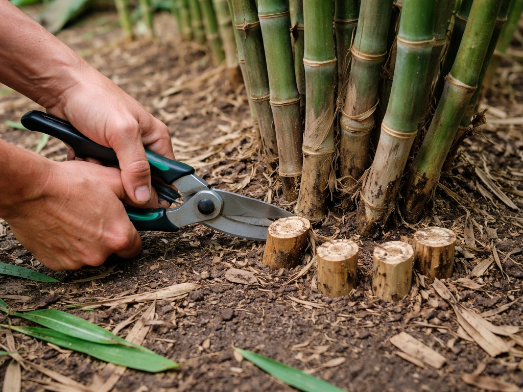Gardener shears cutting older bamboo culms at ground level, leaving selected healthy culms for regrowth.