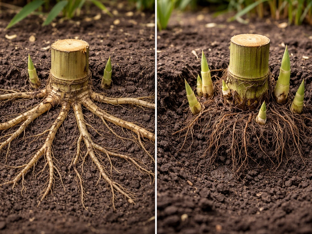 Split view of running and clumping bamboo regrowth after cutting, showing rhizome spread versus tight clumps in soil.