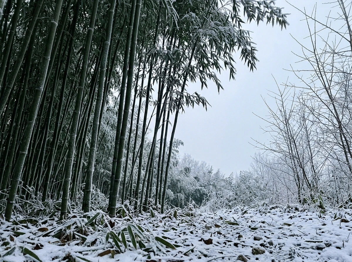 Frosty temperate bamboo culms after a cold winter morning