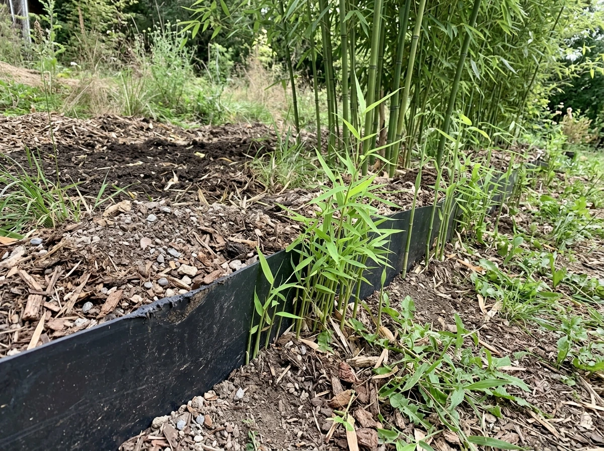 Bamboo patch with a visible barrier showing control of running roots