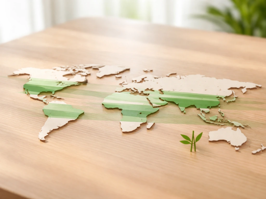 Minimal tabletop scene with a world map silhouette and subtle green climate bands plus a bamboo sprout icon.