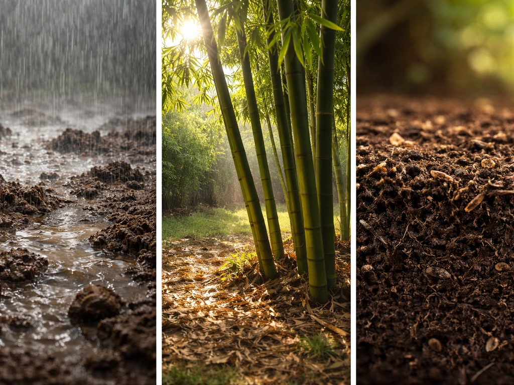 Three-panel photo showing monsoon rain on soil, sunlit bamboo, and fertile soil closeup for bamboo needs.