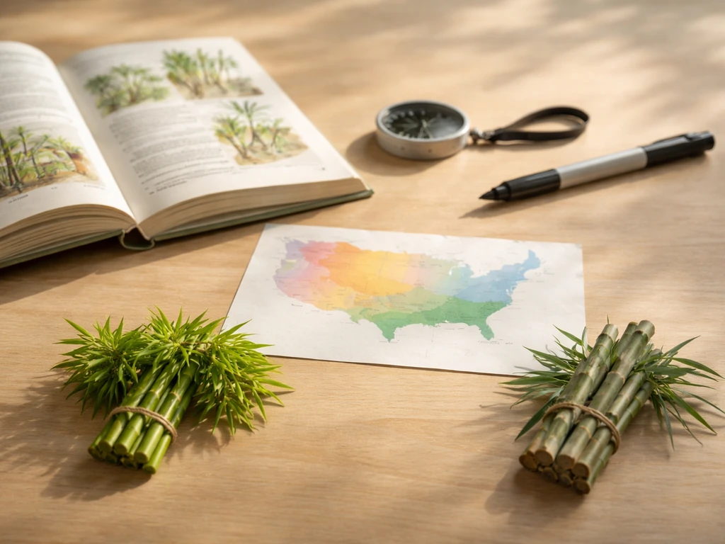 Tabletop gardening scene with a small colored hardiness zone map and bamboo cuttings for tropical vs cold-tolerant match