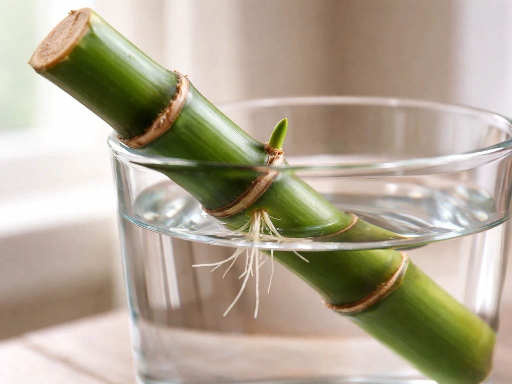 Fresh cut bamboo culm cutting in clear water with emerging roots and new shoot growth at the nodes.