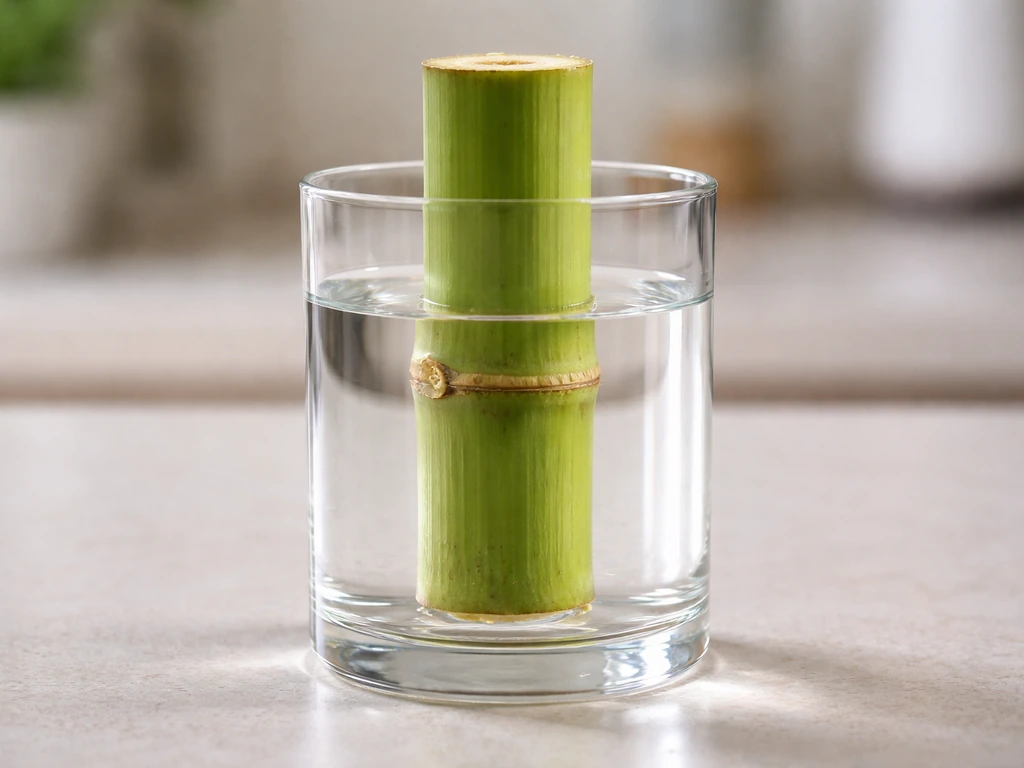 Cut bamboo segment in a glass of water with the node submerged and the rest above water.