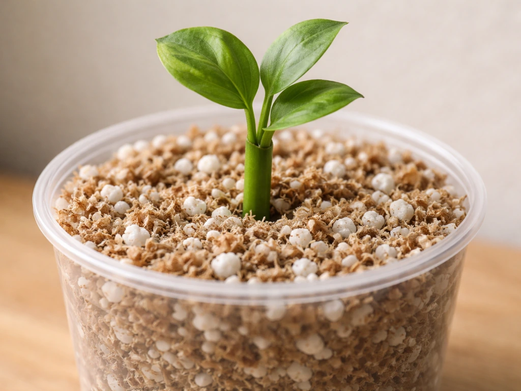 Moist perlite-and-coconut-coir rooting mix in a container with a cutting inserted and node covered.