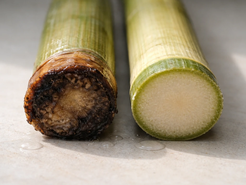 Side-by-side bamboo cuttings: one rotted black and mushy at the base, one firm and healthy.