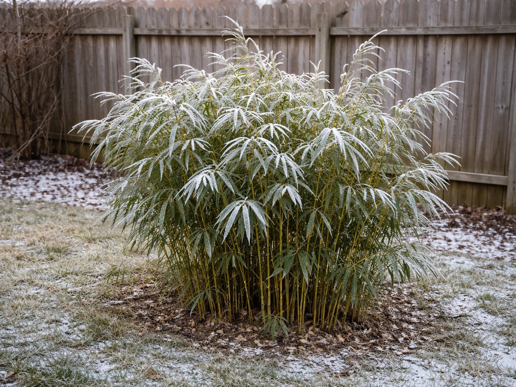 Cold-hardy bamboo clump in a snowy Michigan backyard near a wooden fence, frost on leaves.