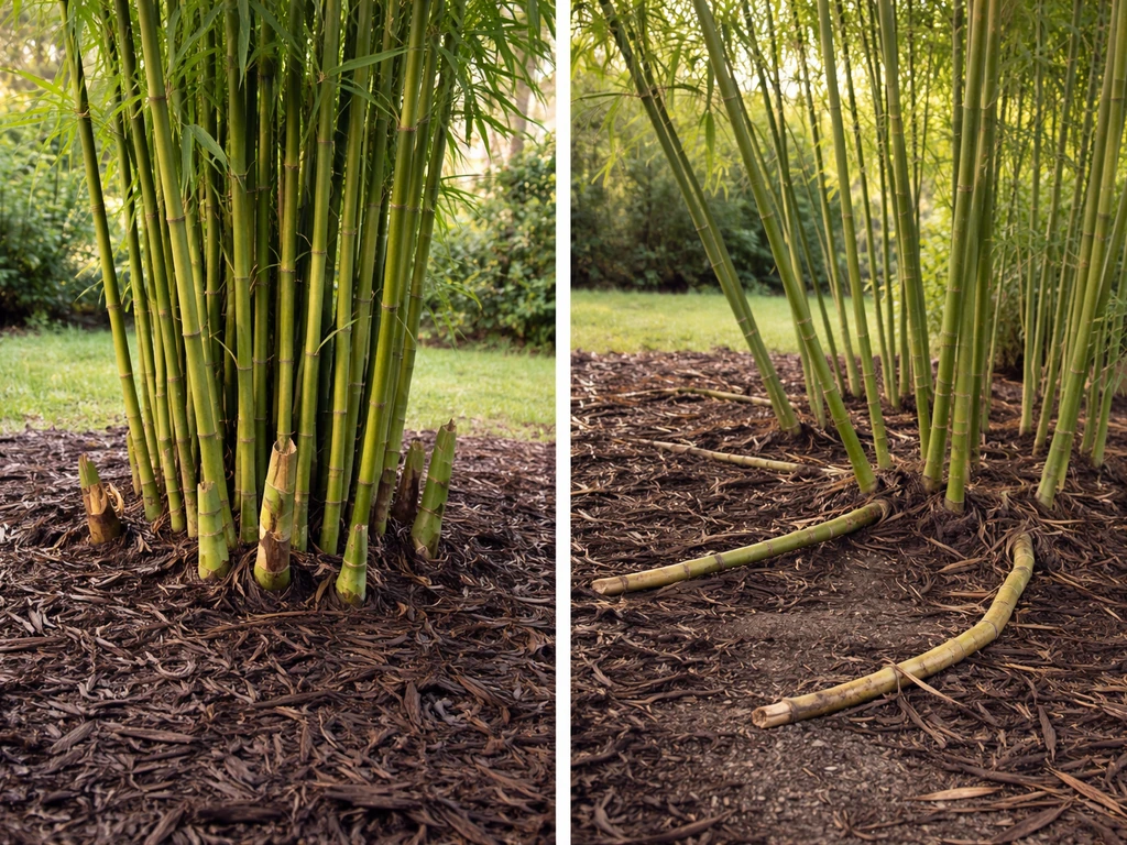Side-by-side clumping bamboo and running bamboo in a simple Michigan garden, showing different growth habits.