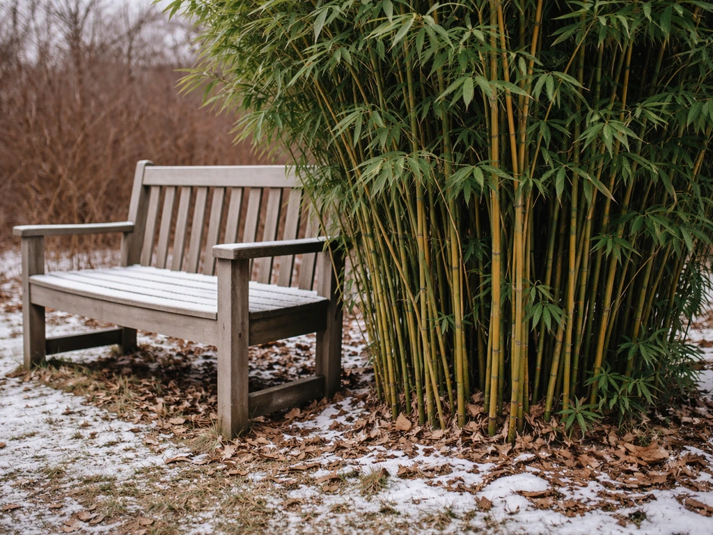 Dense green clumping bamboo in a minimal winter garden with faint snow on the ground