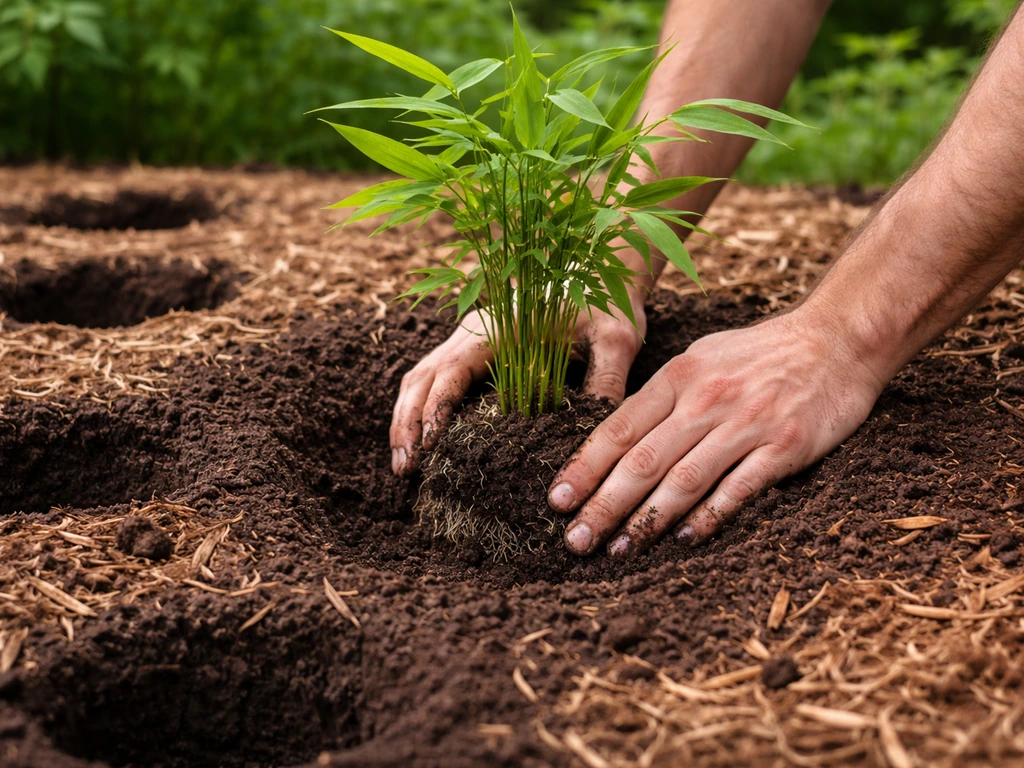 Gardener placing a bamboo plant into a prepared planting hole, backfilling with soil in spring.