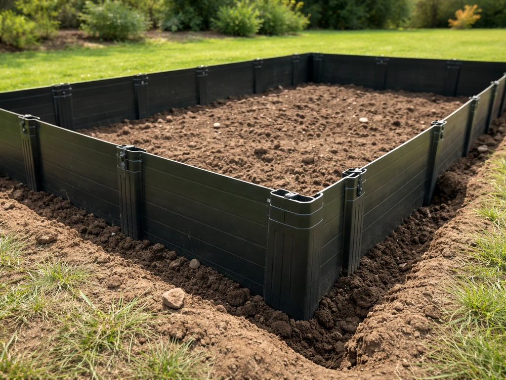 Vertical rhizome barrier panel installed around a small bamboo planting area with visible overlap and corners