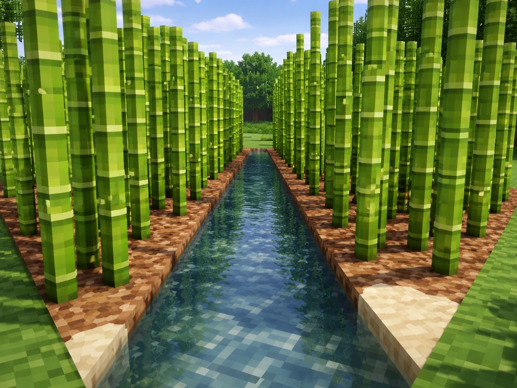 Minecraft bamboo stalks growing next to water in a bright open farm area.