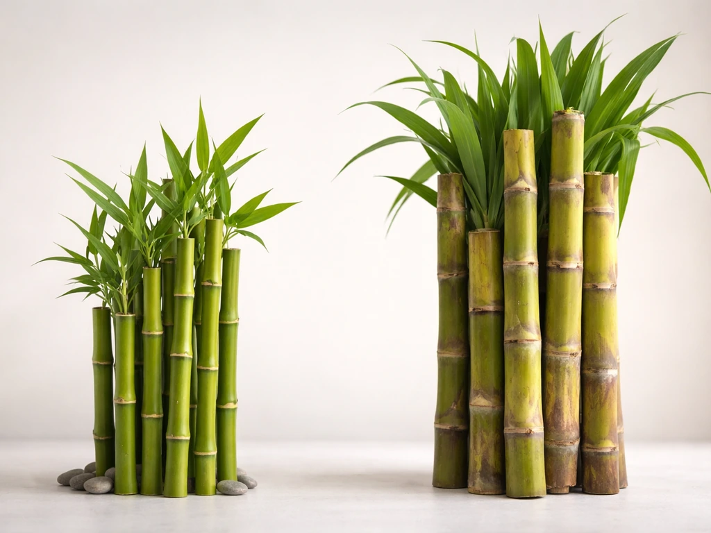 Minimal tabletop photo showing two stalk clusters side by side: bamboo on the left and sugar cane on the right.