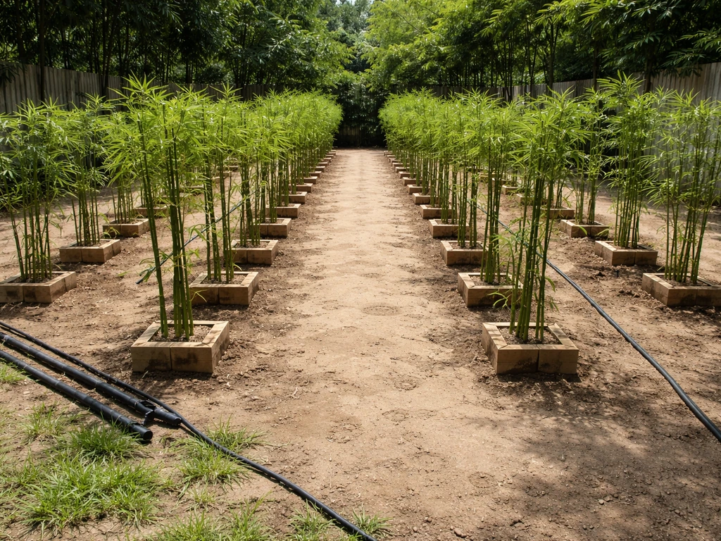 Outdoor bamboo farm build with neatly spaced bamboo blocks, skylight-bright area, and simple water setup along the edge.