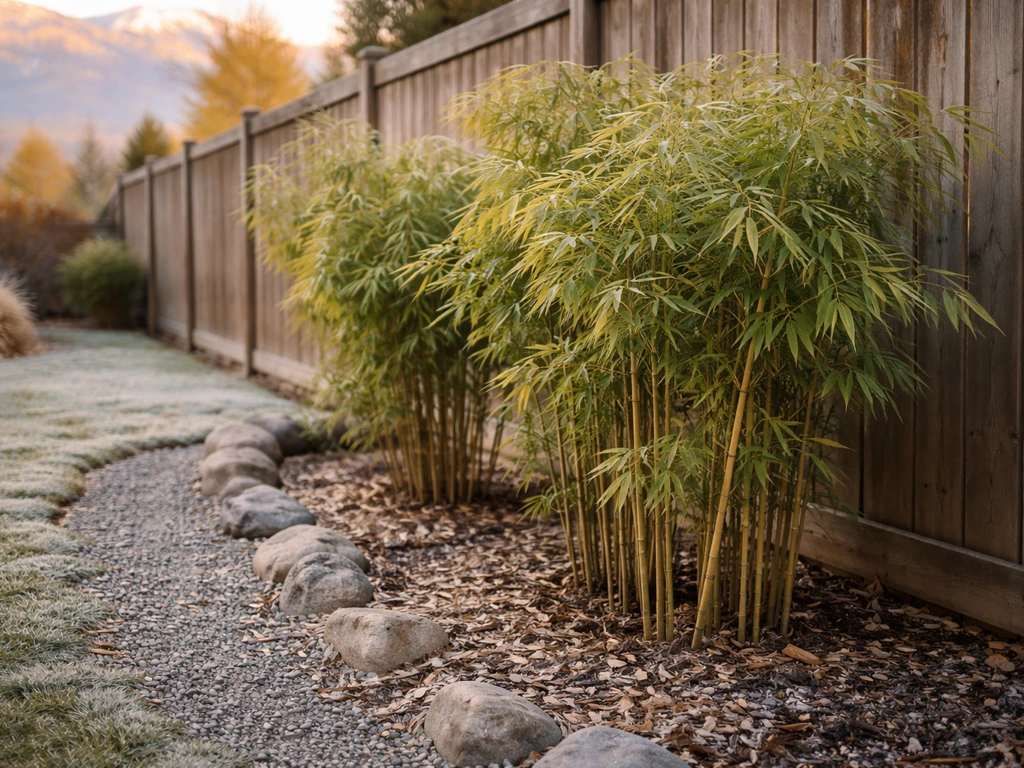 Cold-hardy bamboo thriving in a Utah backyard with winter-tough leaves near a fence and walkway.