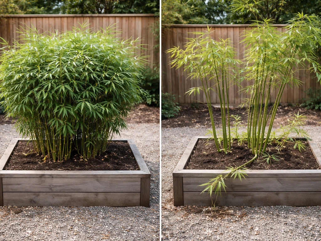 Side-by-side clumping bamboo forming a tight clump versus running bamboo spreading outward in planters.