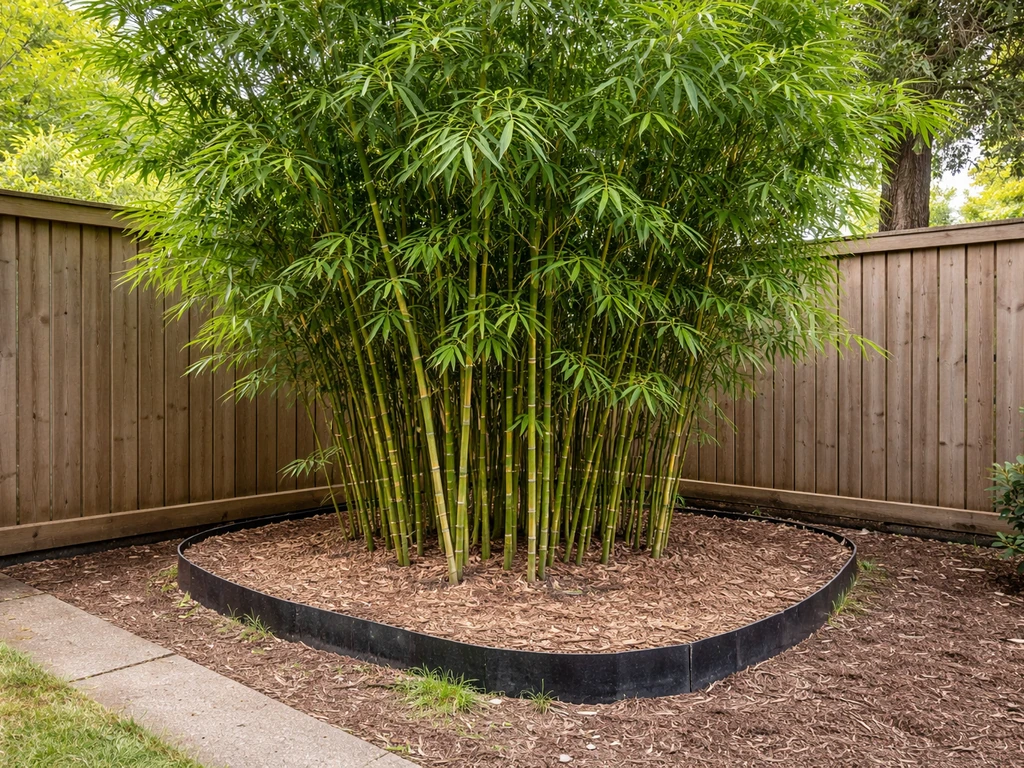 Tall green running bamboo (Phyllostachys) in a backyard with visible root barrier edging.