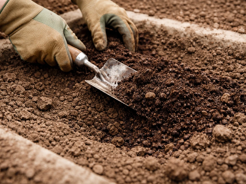 Hand trowel loosening dense clay soil in a small garden bed, with dark compost mixed in for bamboo planting.