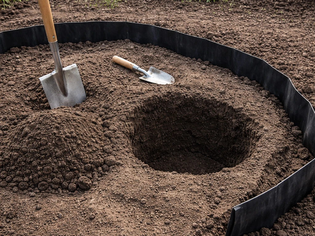 Close garden view of a correctly sized planting hole and a rhizome barrier trench for running bamboo.