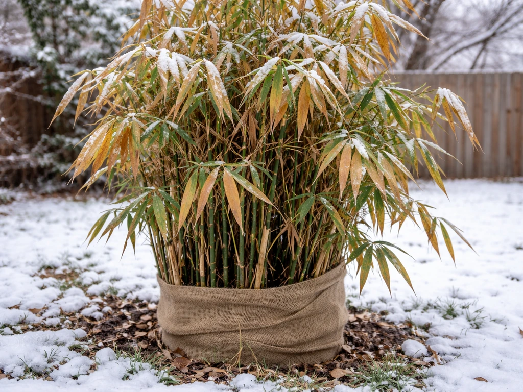 Cold-damaged bamboo leaves in a snowy Utah garden, showing leaf burn and browning after winter.