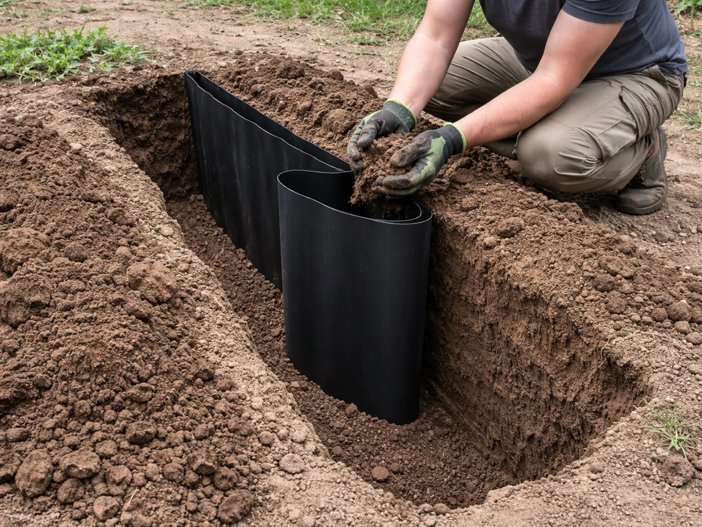 Gardener installs a deep rhizome barrier along a trench perimeter to contain running bamboo.