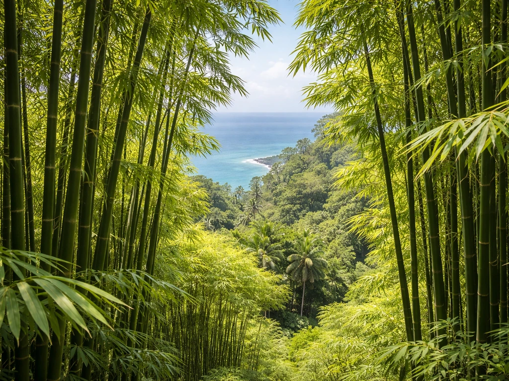 Lush bamboo grove in Hawaii with tropical vegetation and distant ocean haze in the background.