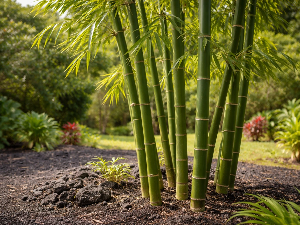 Green bamboo culms growing outdoors in a simple tropical Hawaiian garden with dark soil and lush leaves.