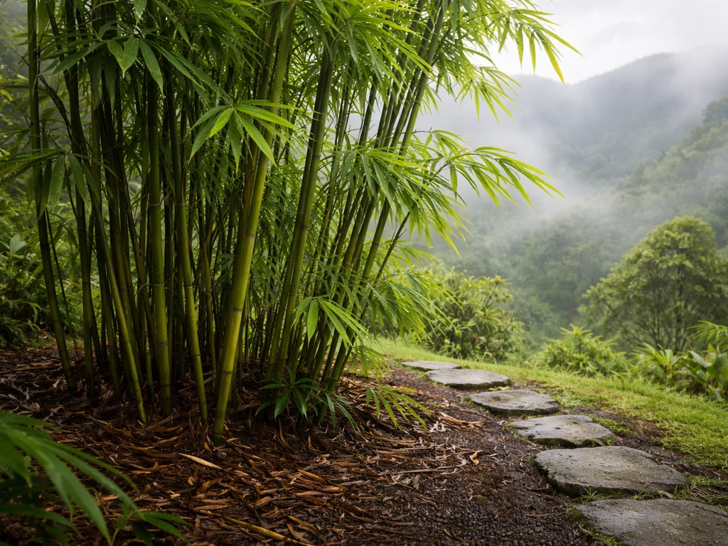 Misty bamboo thriving in a cool Hawaiian high-elevation garden with dew and foggy mountains in back