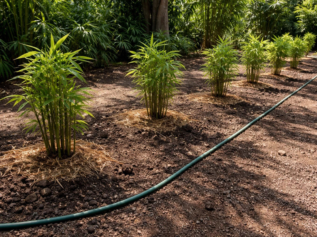 Tropical bamboo planted in spaced rows with well-drained soil and sunlight, plus gentle watering hose nearby.