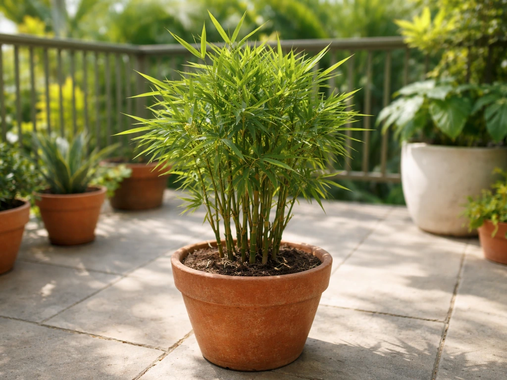 Small bamboo growing in a terracotta pot on a sunny patio, showing compact manageable growth.