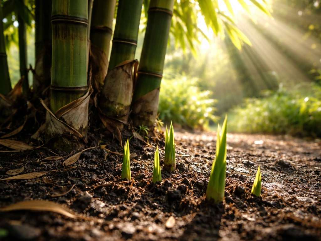 Sunlit garden bamboo clump showing small new shoots and taller young culms growing from soil.