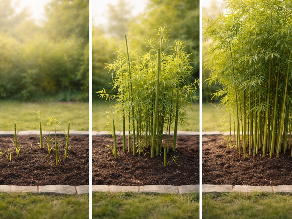 Three bamboo growth stages in simple rows: small shoots, thicker culms, then a mature dense stand.