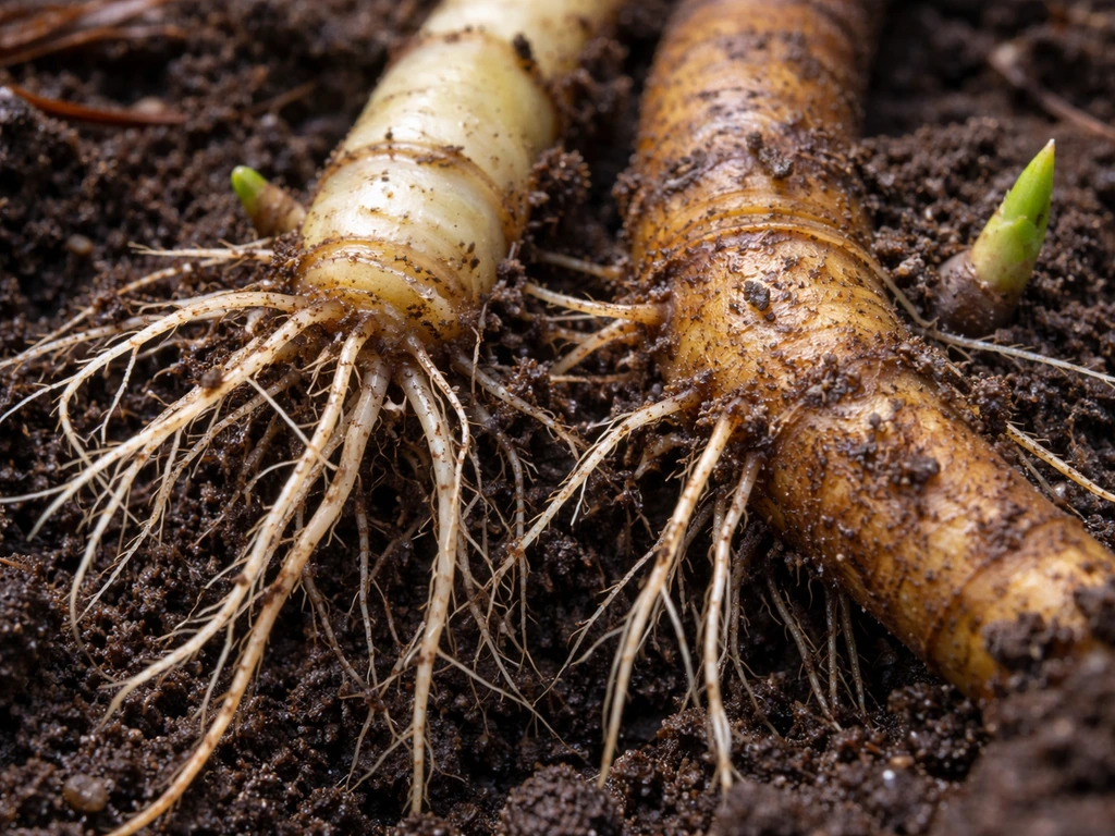 Macro close-up of exposed bamboo rhizomes in moist soil, showing younger light and older darker segments.